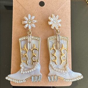 White and Gold Cowboy Boot Earrings Bachelorette Country Line Dancing Ranch